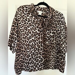 H&M Leopard Print Short Sleeve Button-Front Blouse - Brown/Black